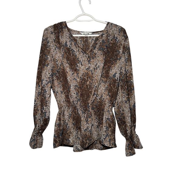 Counterparts brown abstract cinched babydoll long sleeve blouse womens medium - Picture 1 of 8